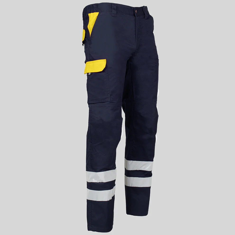 7502CB-159111 - PANTALON UNISEX MULTIBOLSILLOS ELASTICO ARCE COMBI + 2 BANDAS REFLECT. AZUL NAVY/AMARILLO