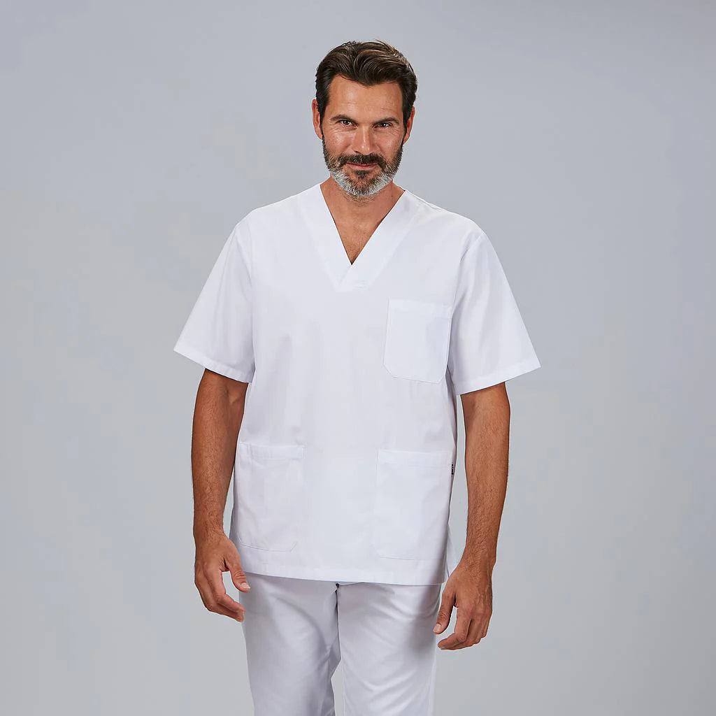 846101-101 - CONJUNTO UNISEX BLUSA CUELLO PICO /PANTALON GOMA ENTERA BLANCO