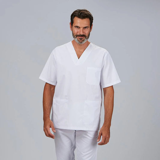 846101-101 - CONJUNTO UNISEX BLUSA CUELLO PICO /PANTALON GOMA ENTERA BLANCO