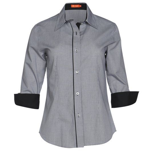 960151-43 - CAMISA MUJER CUELLO CAMISERO MANGA 3/4 PLAID #GRIS C/NEGRO