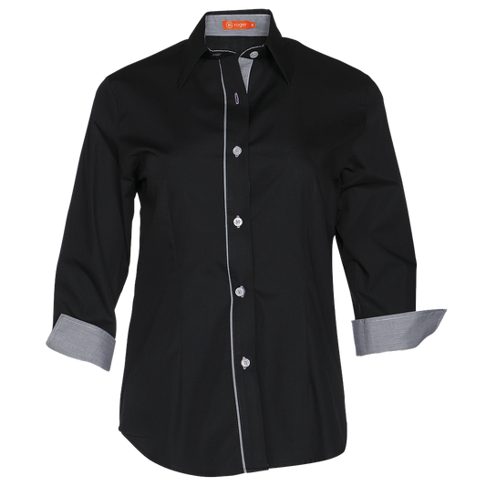 960151-47 - CAMISA MUJER CUELLO CAMISERO MANGA 3/4 PLAID NEGRO C/#GRIS